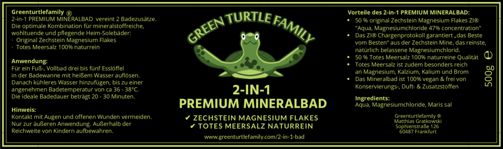 Das Label Das 2-IN-1 PREMIUM MINERALBAD von GREENTURTLEFAMILY