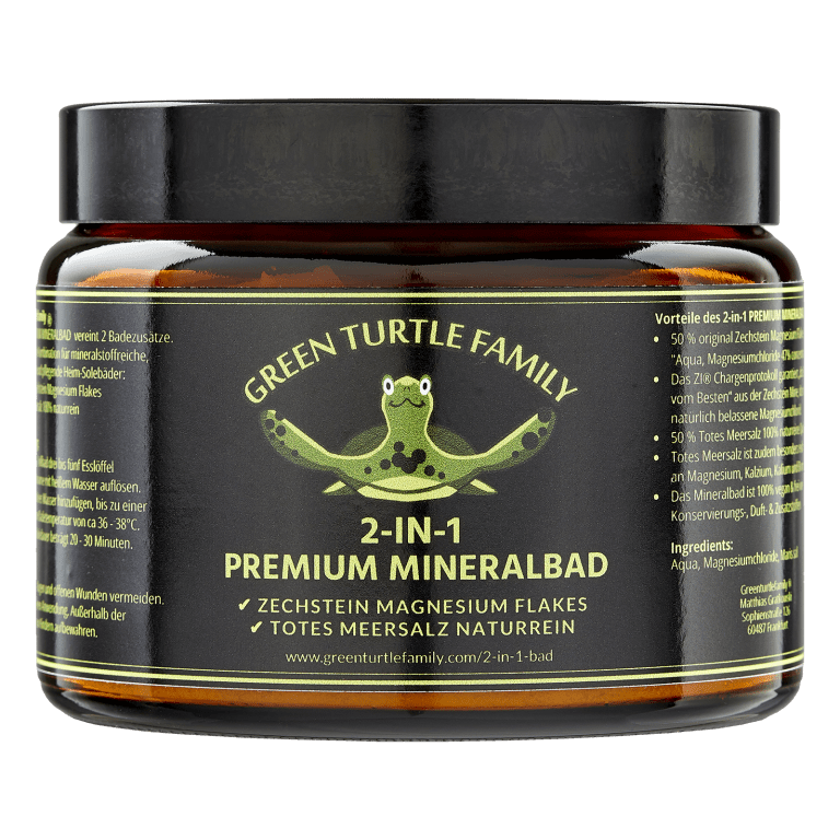 Das 2-IN-1 PREMIUM MINERALBAD von GREENTURTLEFAMILY vereint 2 bewährte Badezusätze